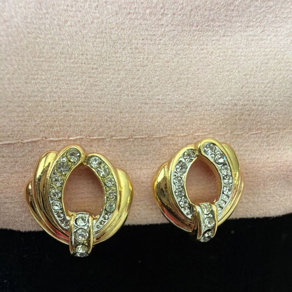 Vintage Yves Saint Laurent YSL Gold Tone Pavé Crystal Swirl Clip On Earrings